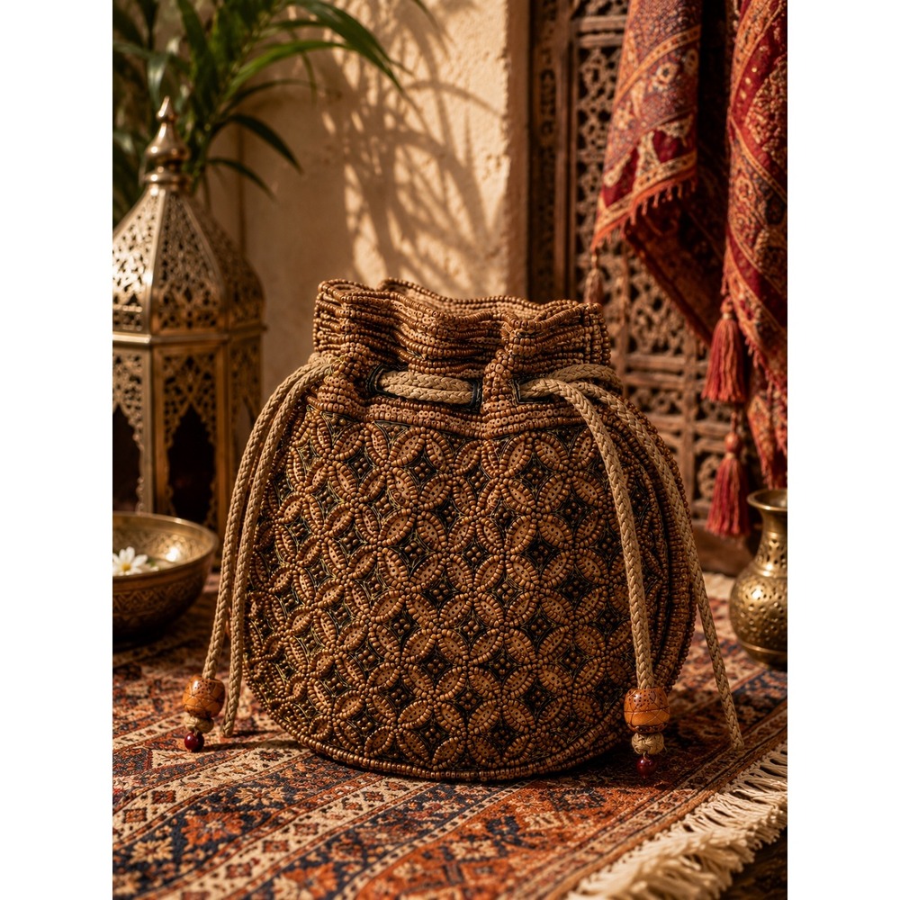 Vintage Wooden Beaded Drawstring Bucket Bag Boho Festival Artisan Handmade Purse